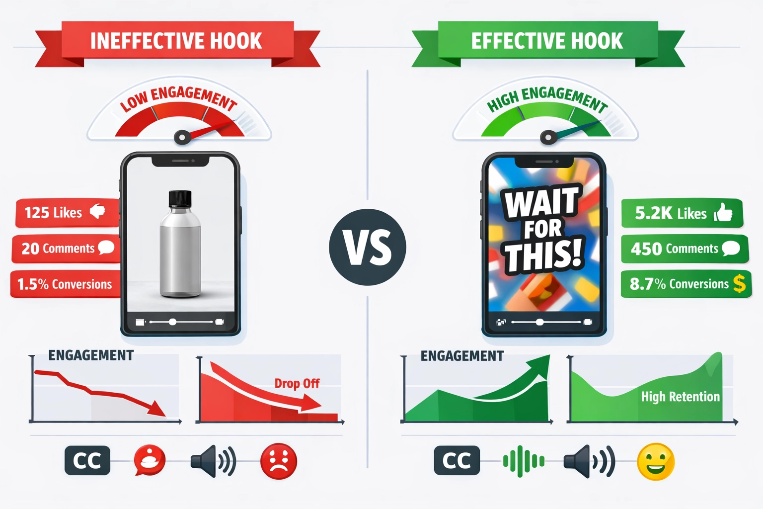 Split-screen comparison showing effective vs ineffective video hooks for affiliate marketing
