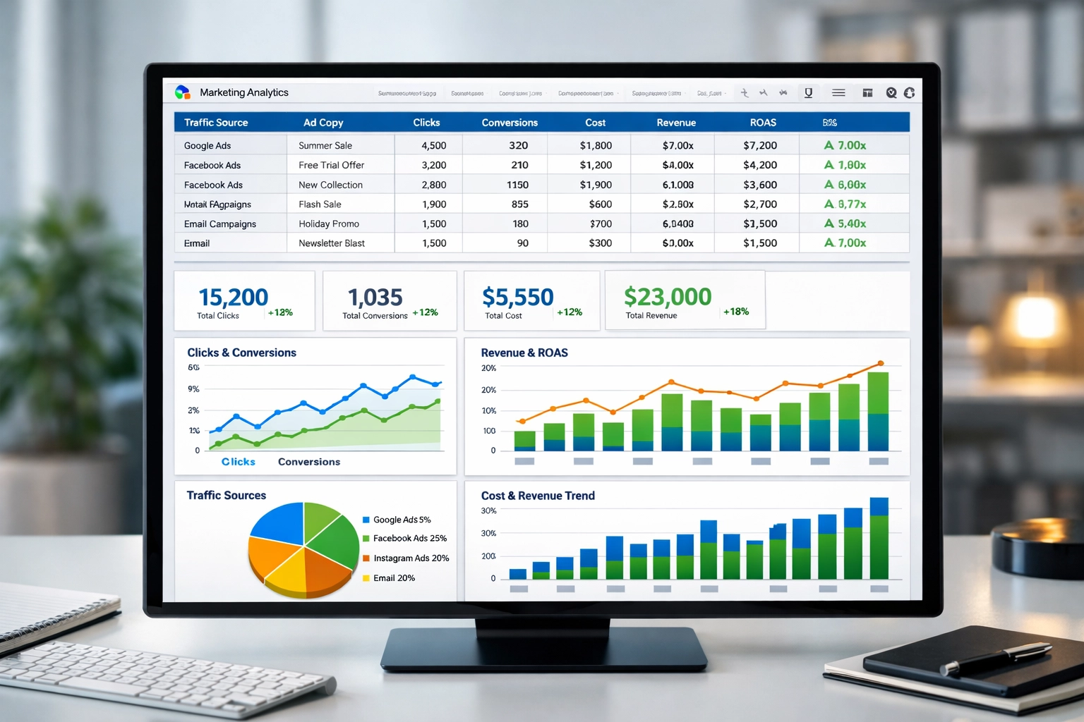 Professional marketing analytics dashboard with traffic data, metrics, and charts