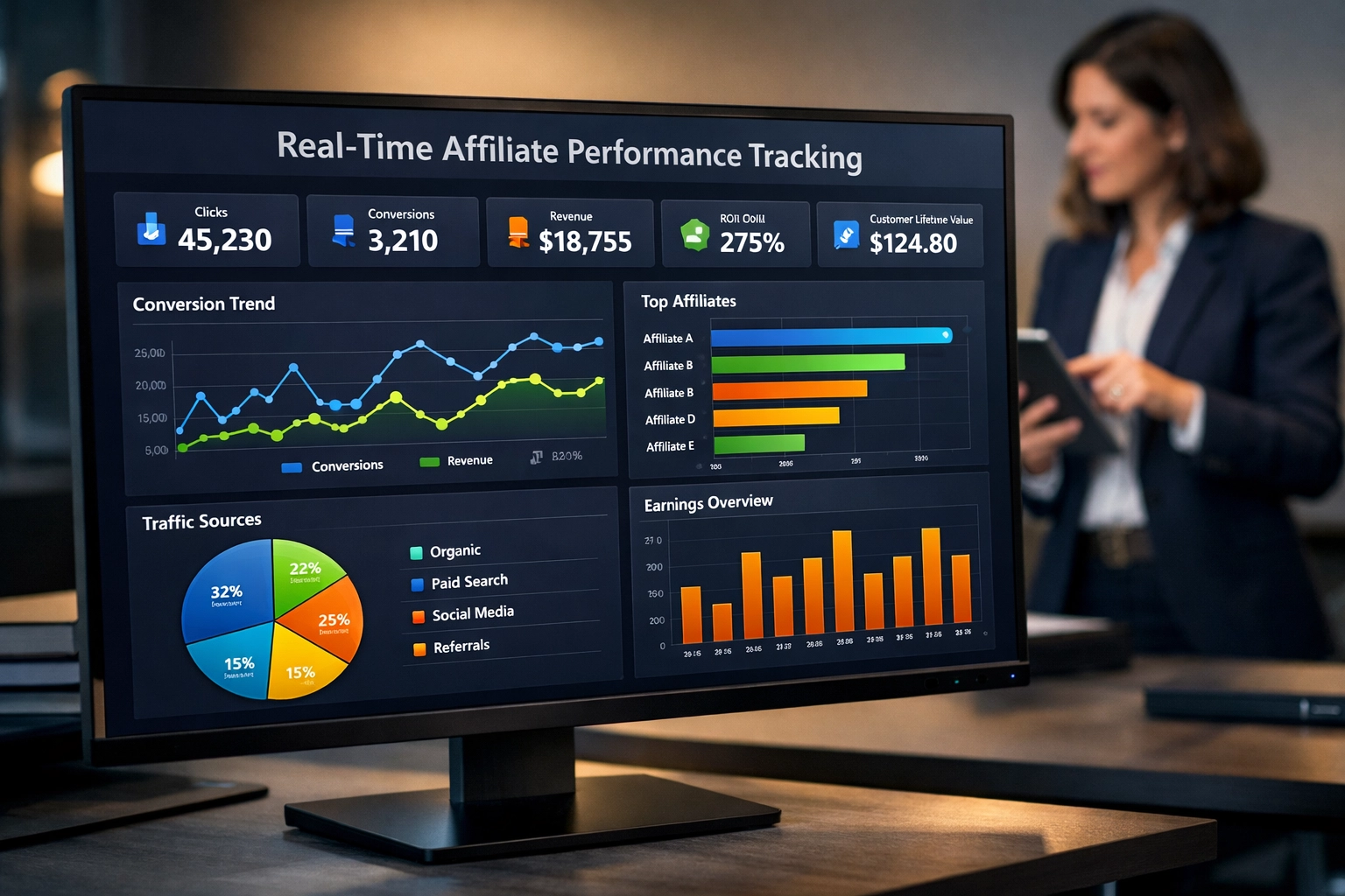 Dashboard di monitoraggio delle performance affiliate in tempo reale con analisi e metriche