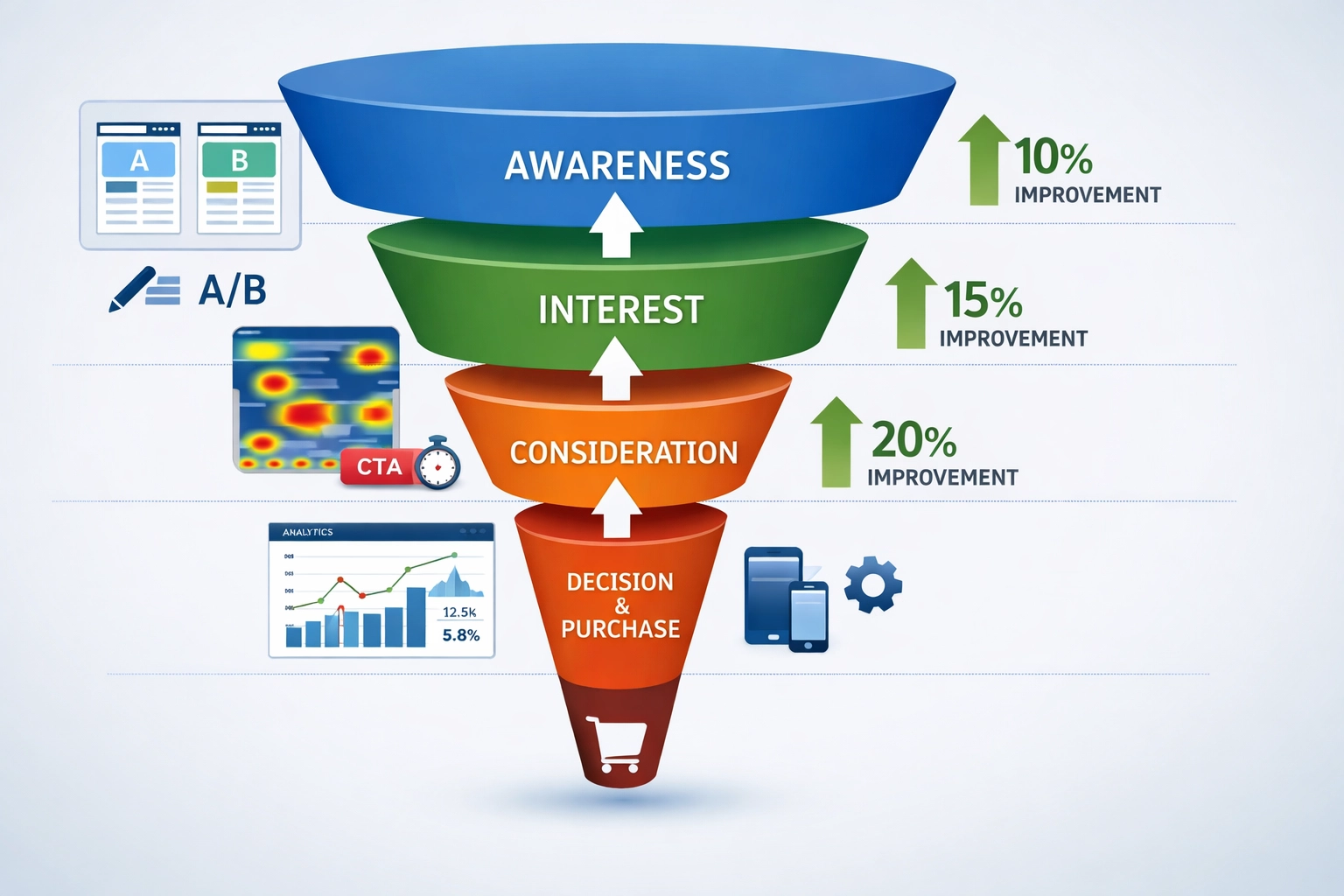 Diagramma di ottimizzazione del funnel di conversione che mostra le fasi e i parametri di miglioramento