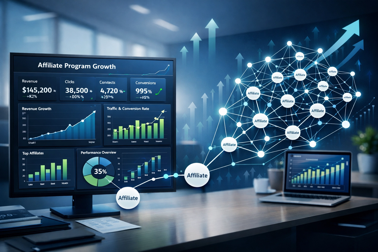 Visualizzazione della crescita aziendale che mostra la scalabilità di un programma di affiliazione con dashboard di analisi