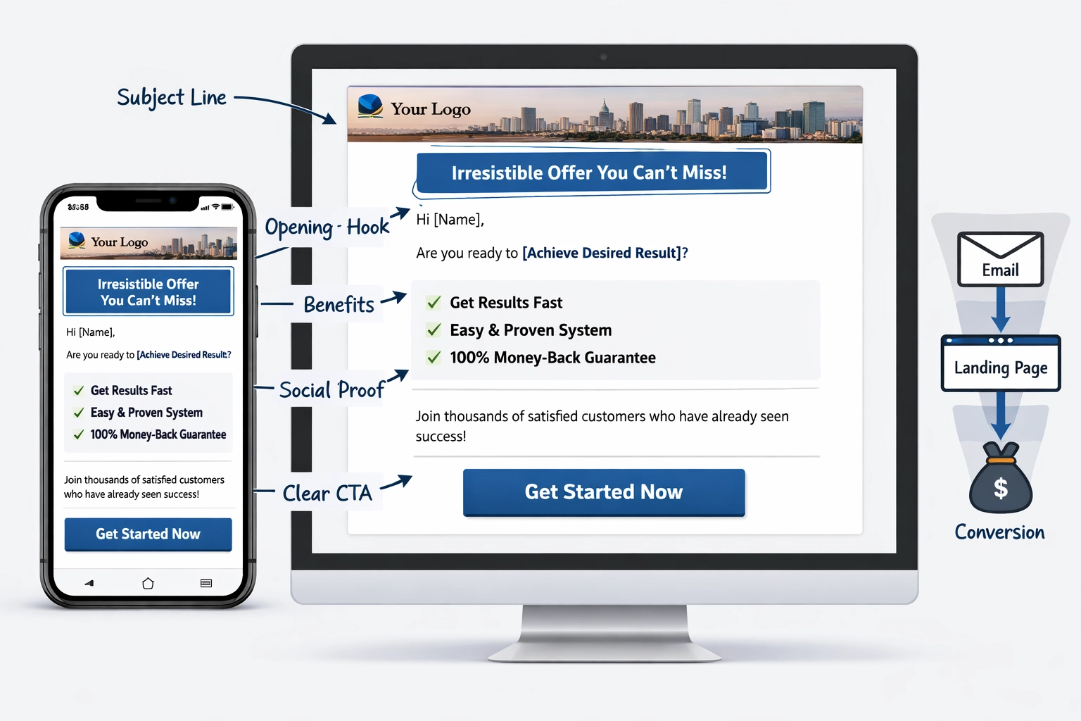Email template mockup showing copywriting best practices for solo ads