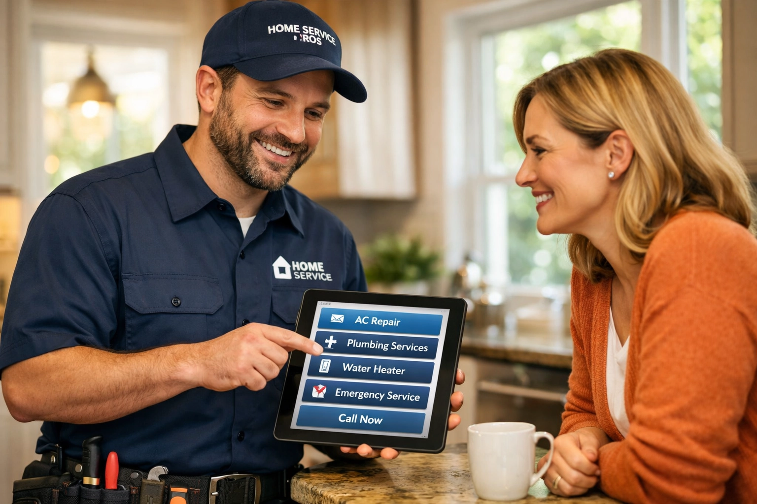 Tecnico di servizi per la casa al lavoro con cliente, esempio di approccio personale nel modello pay-per-call