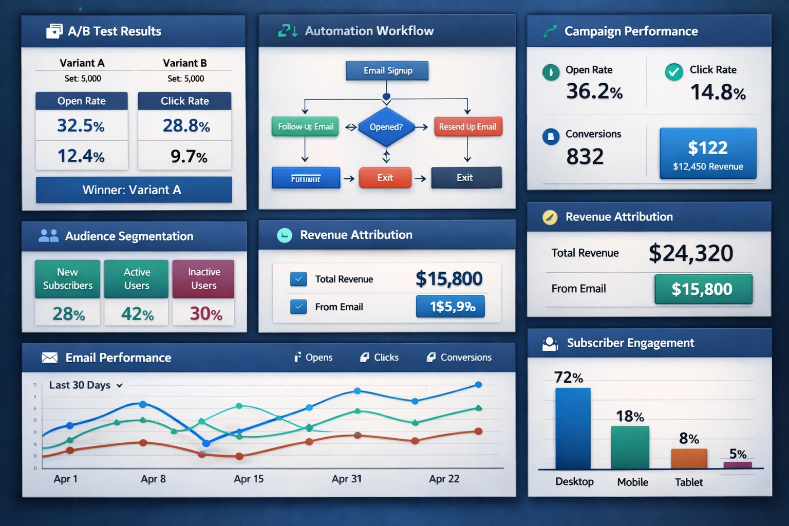 Dashboard di email marketing che mostra analytics, risultati A/B test, workflow di automazione e metriche di performance