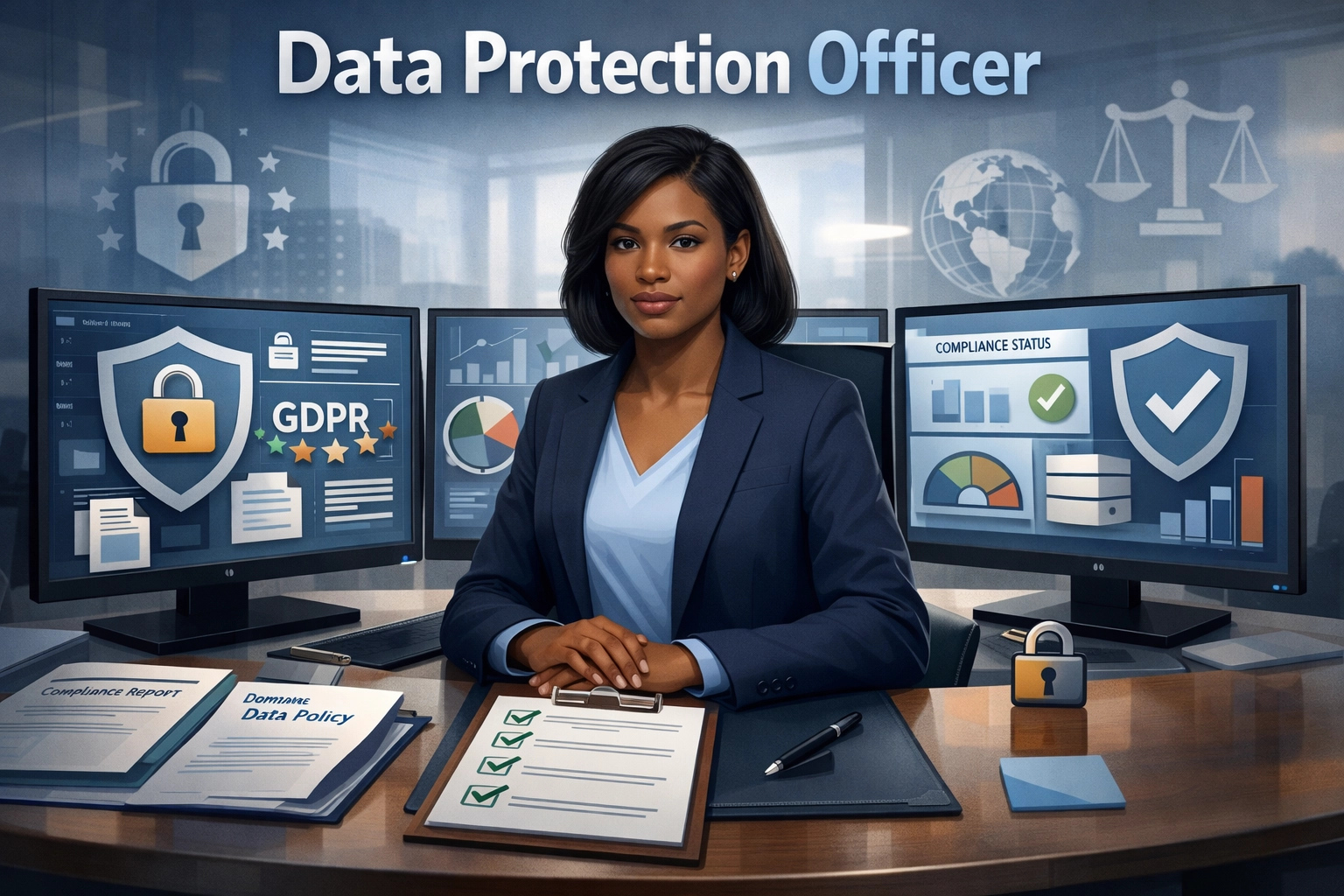 Data Protection Officer che monitora la conformità con dashboard e documenti