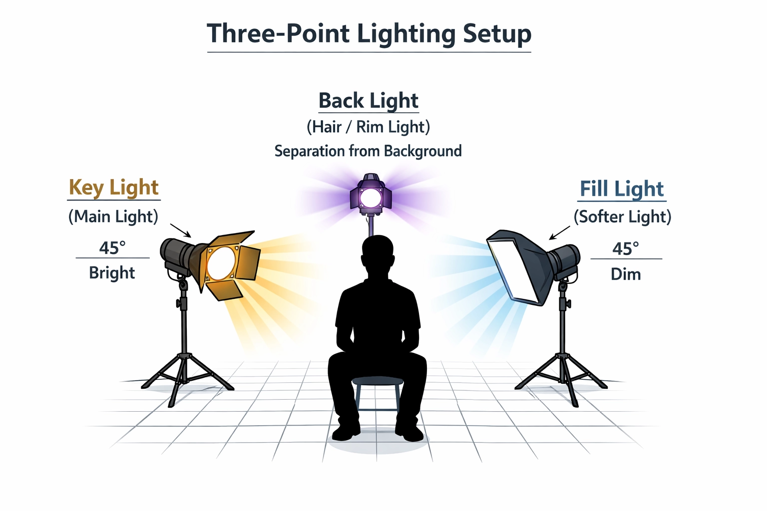 Diagramma di una configurazione di illuminazione a tre punti per la produzione video, che mostra la posizione di key light, fill light e back light