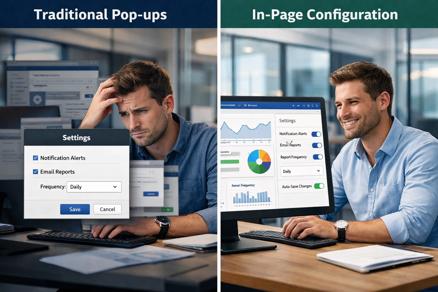 Confronto tra la configurazione tradizionale a pop-up e la configurazione moderna in-page
