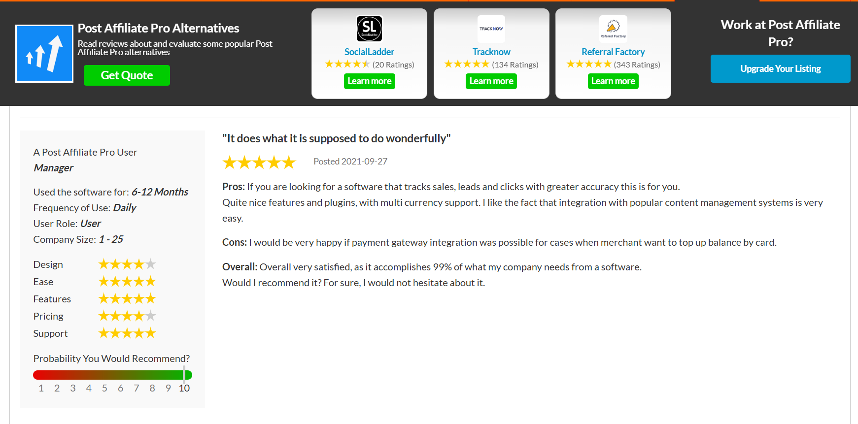 Post Affiliate Pro riconosciuto come Leader di Categoria da SourceForge