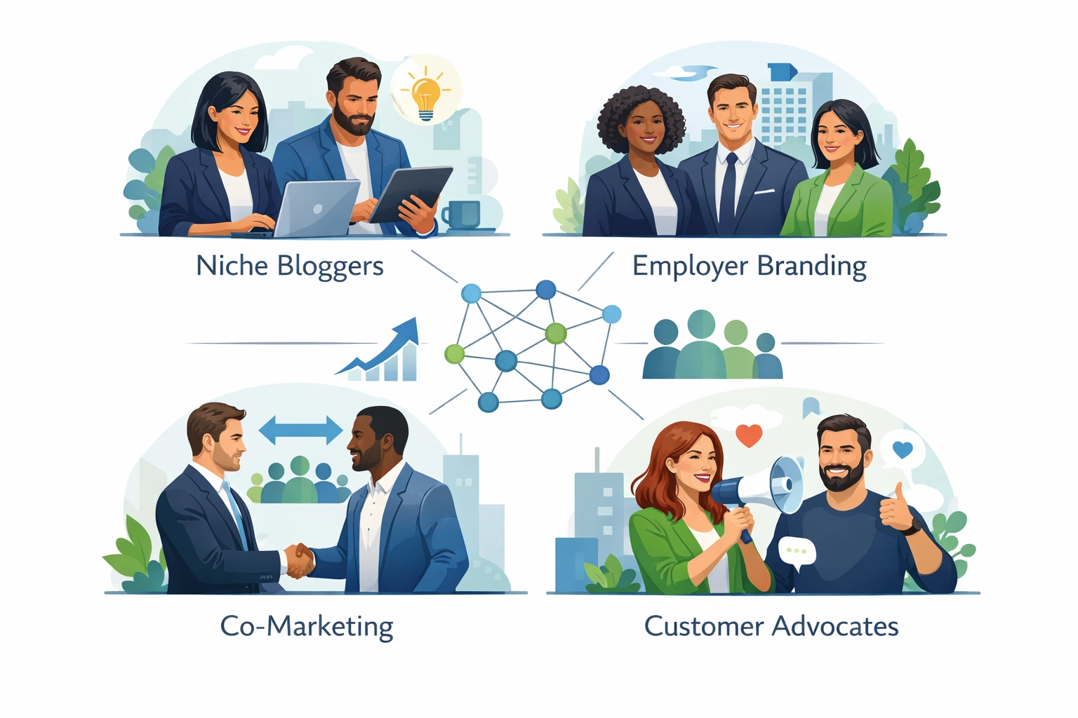 Strategie di promozione affiliate non convenzionali tra cui blogger di nicchia, employer branding, co-marketing e advocate dei clienti