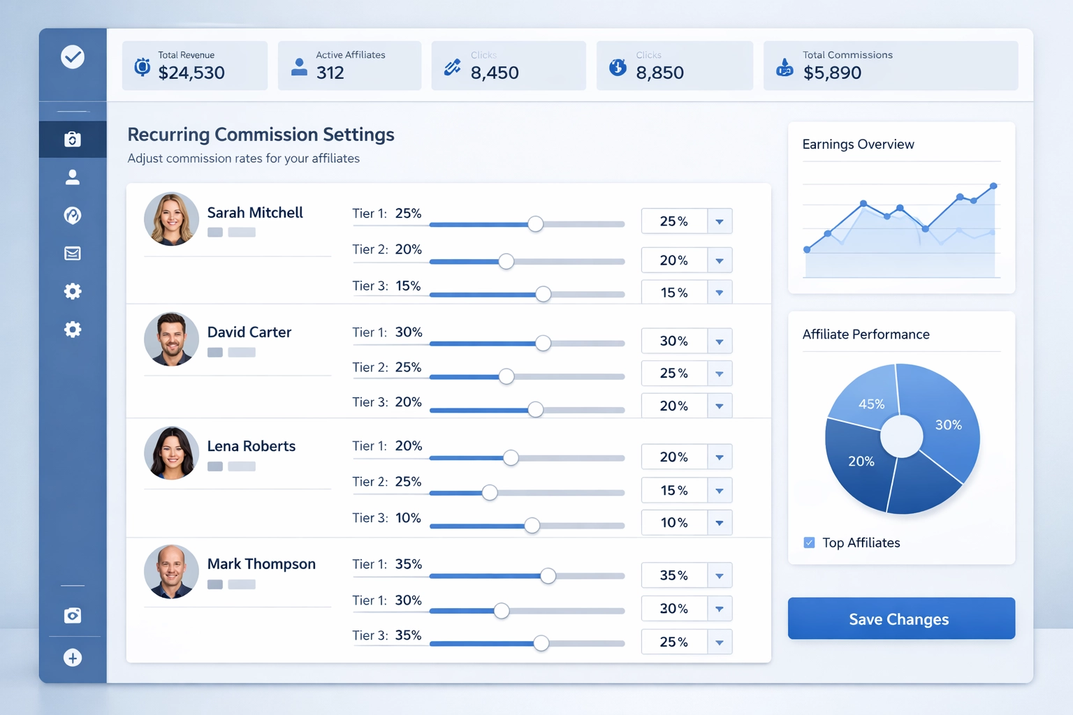 Affiliate software dashboard showing customizable recurring commission management interface