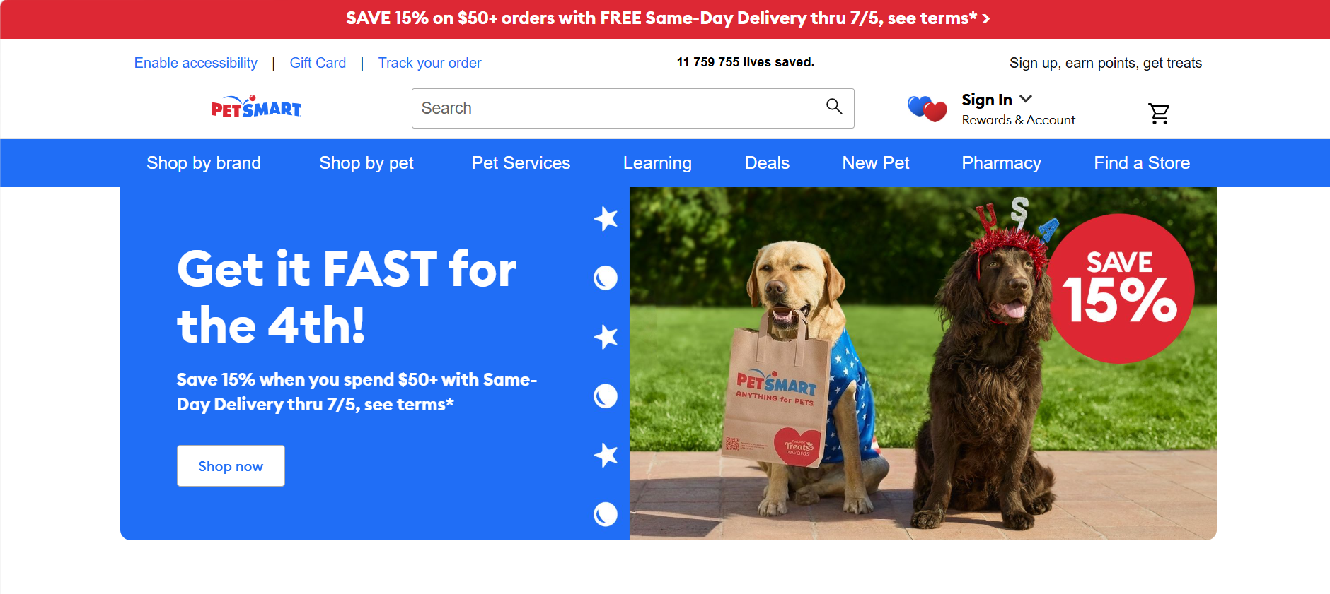 Screenshot del sito web PetSmart