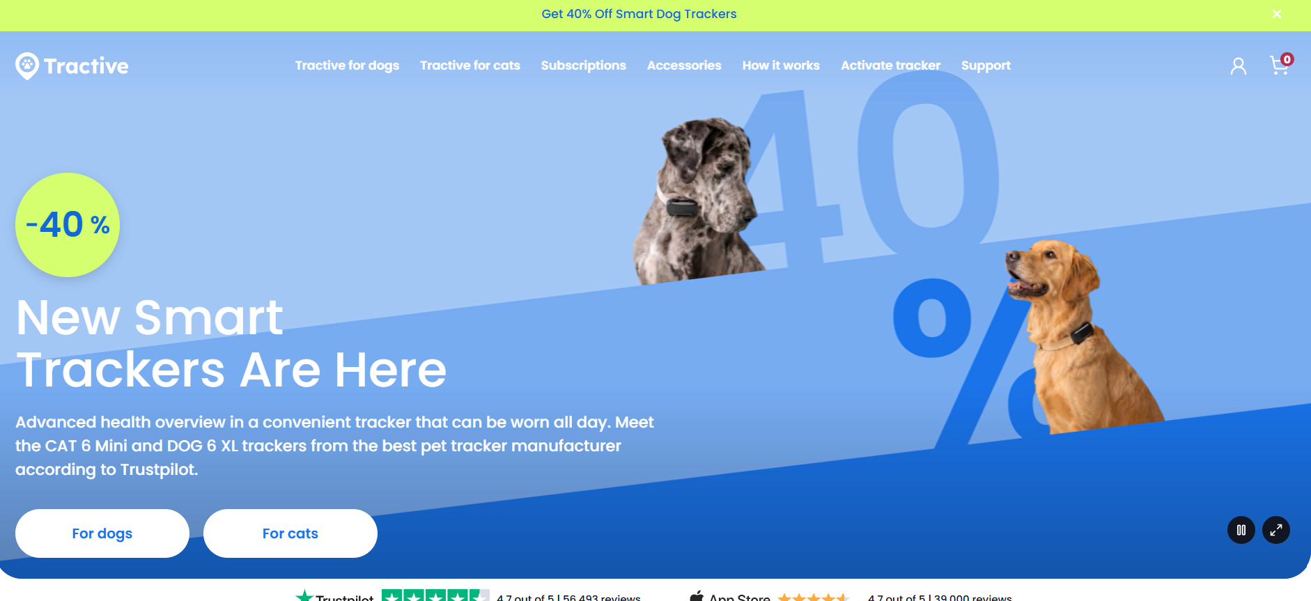 Screenshot del sito web Tractive