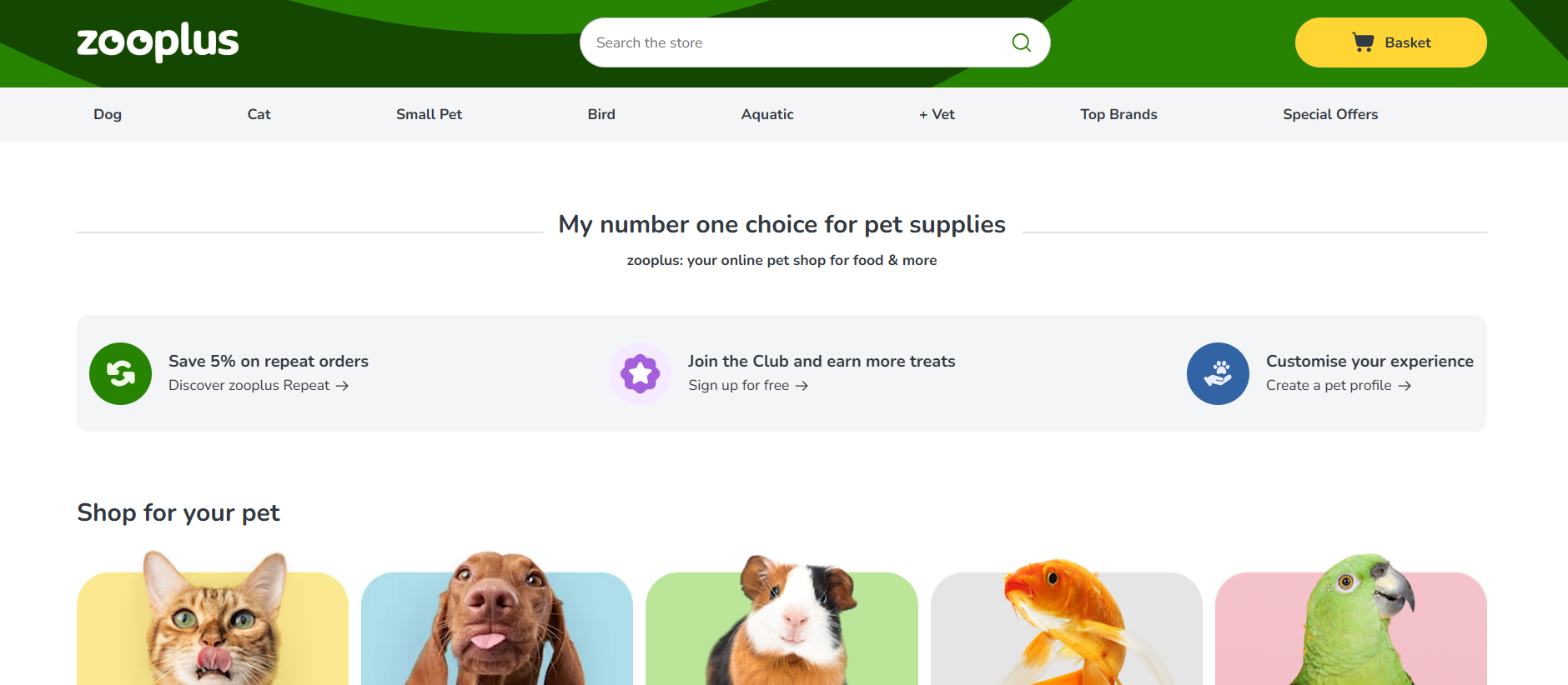 Screenshot del sito web Zooplus