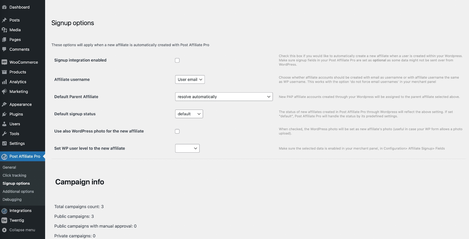 Screenshot of Post Affiliate Pro’s affiliate plugin signup options