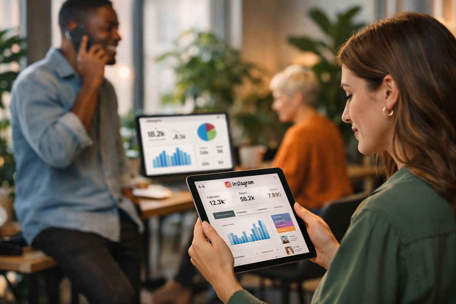 Team professionale di marketing su Instagram che lavora con dashboard di analytics