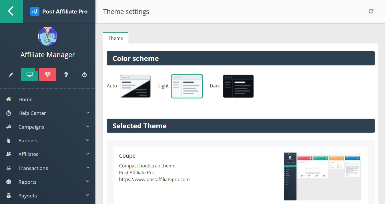 Post Affiliate Pro che mostra le impostazioni del tema, dove lo schema di colori può essere cambiato.