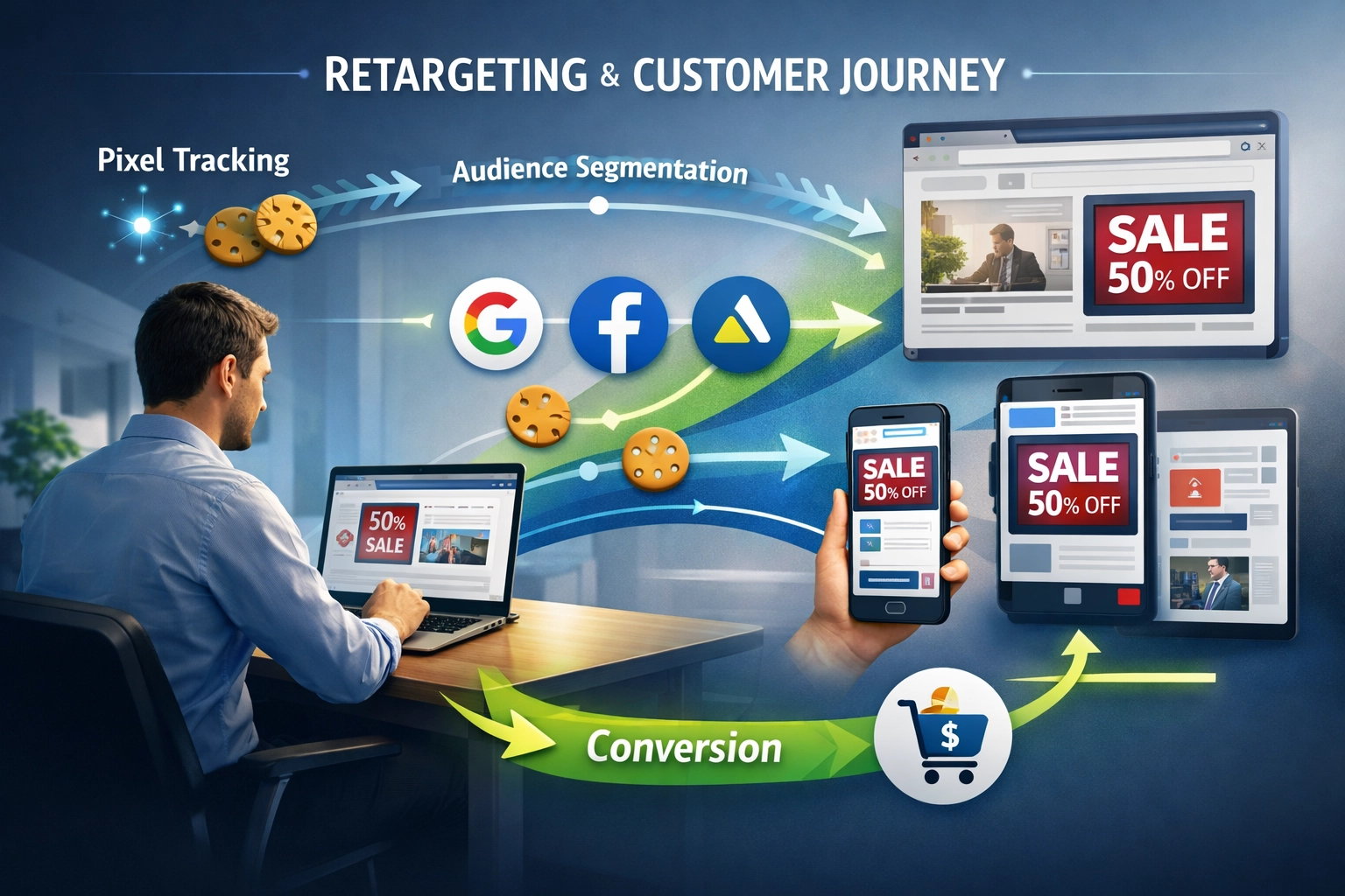 Ad retargeting concept showing customer journey with tracking pixels and multi-platform ads