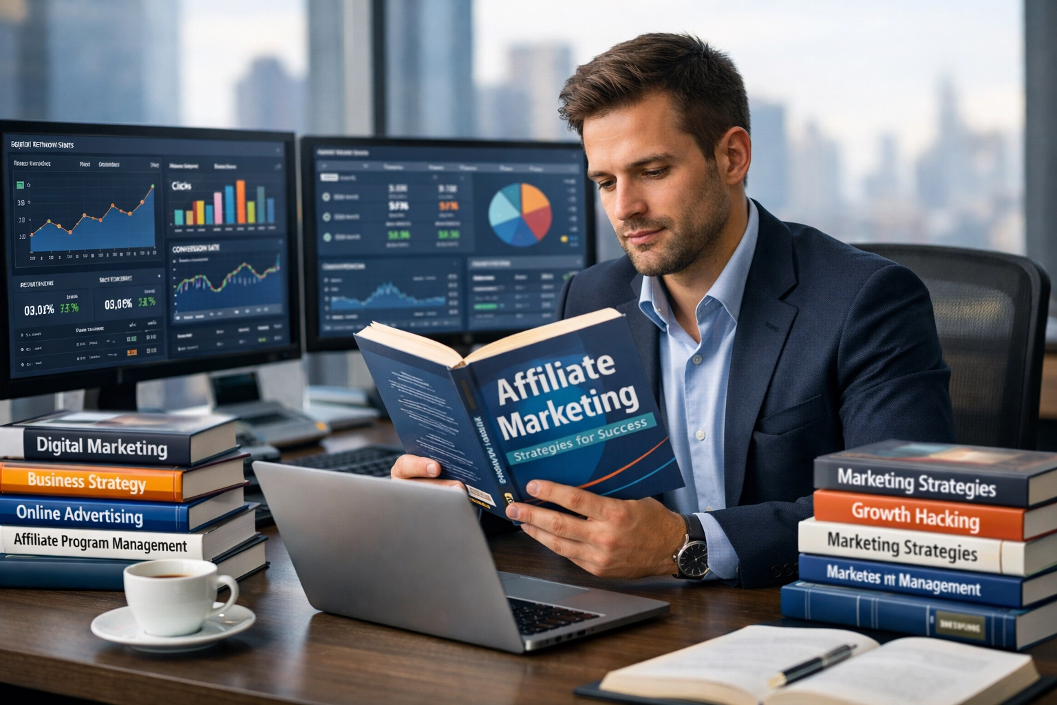Responsabile professionista dell'affiliate marketing che legge libri di business alla scrivania con dashboard di analytics