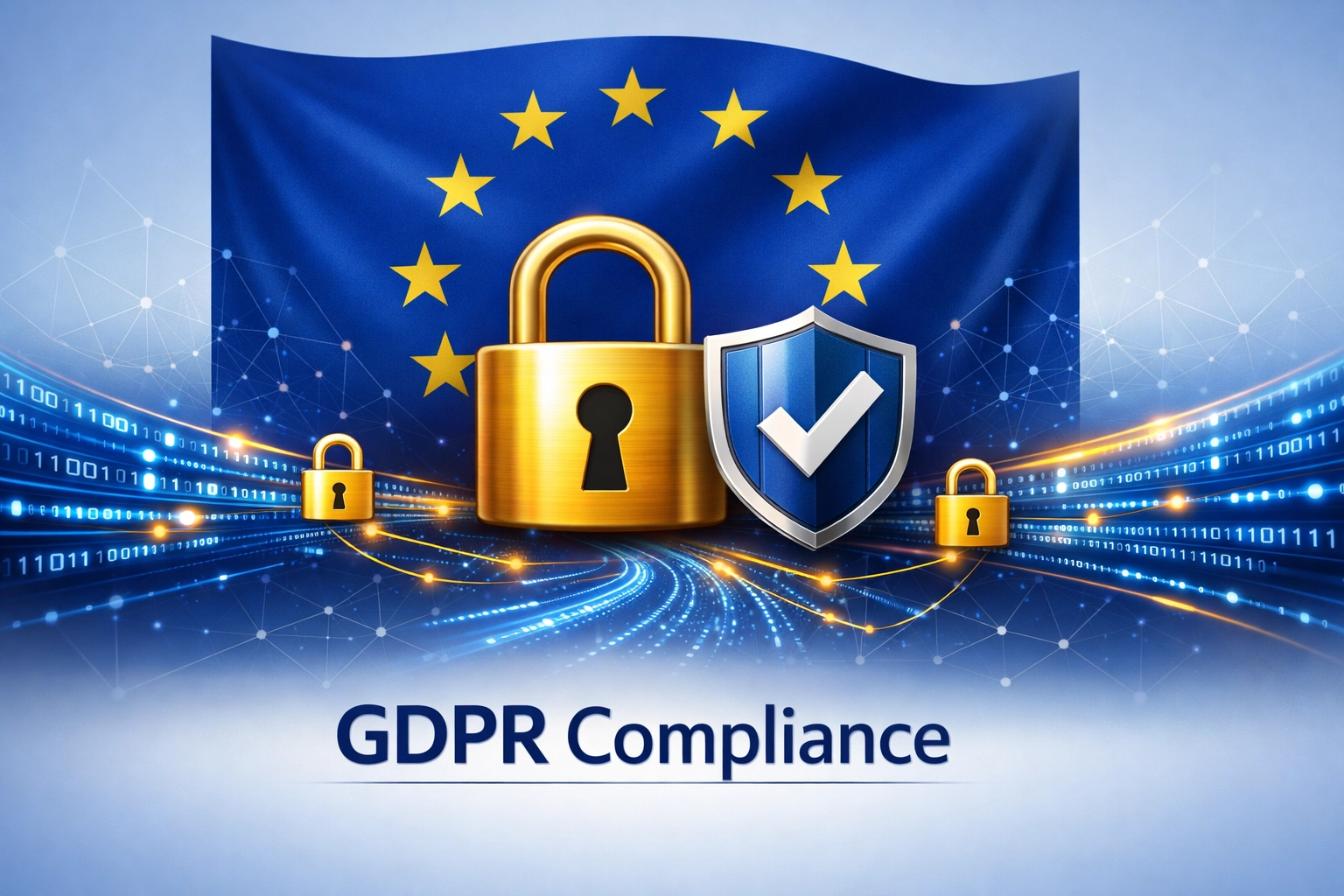 Concetto di conformità GDPR con bandiera UE e simboli di protezione dei dati