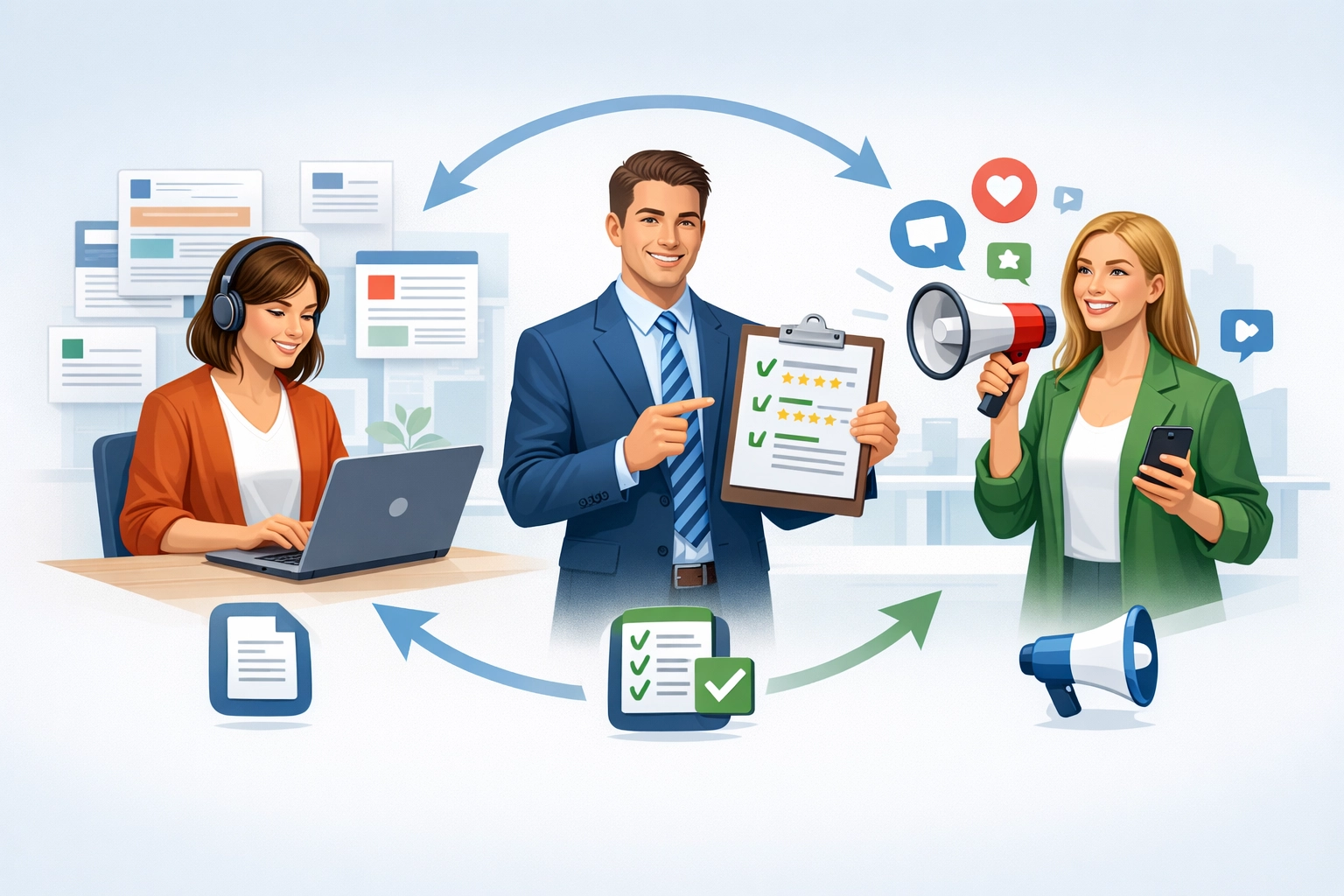 Three affiliate types - content creators, review experts, and influencers working together