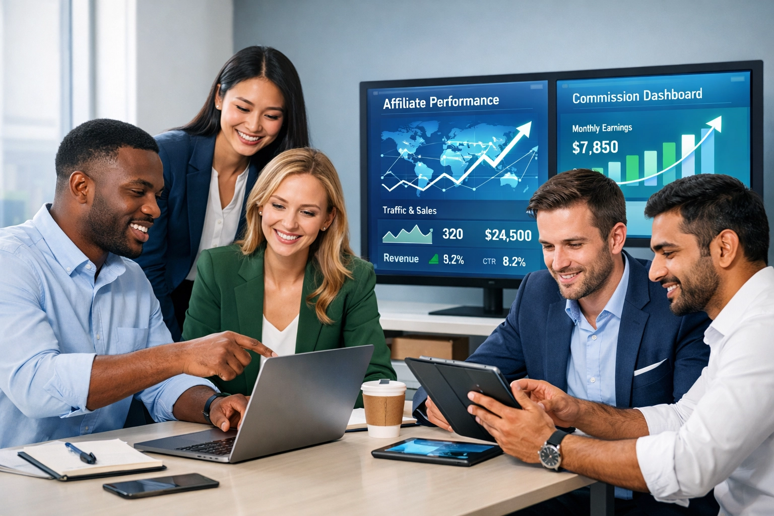 Squadra eterogenea di affiliati che collabora con dashboard digitali