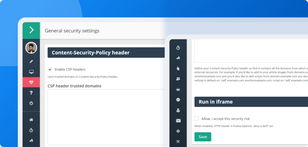 Schermata di configurazione che mostra come abilitare gli header CSP e impostare i domini attendibili in Post Affiliate Pro