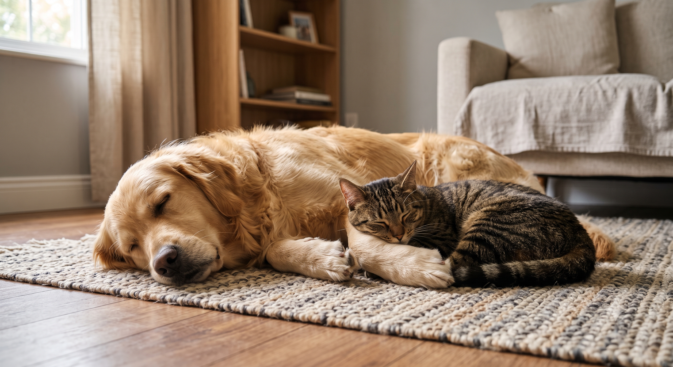 Un cane e un gatto sdraiati uno accanto all'altro