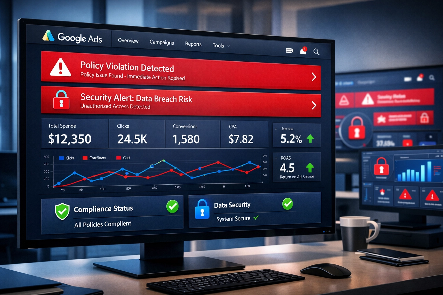 Professional digital marketing dashboard showing Google Ads compliance interface with security alerts and warning indicators