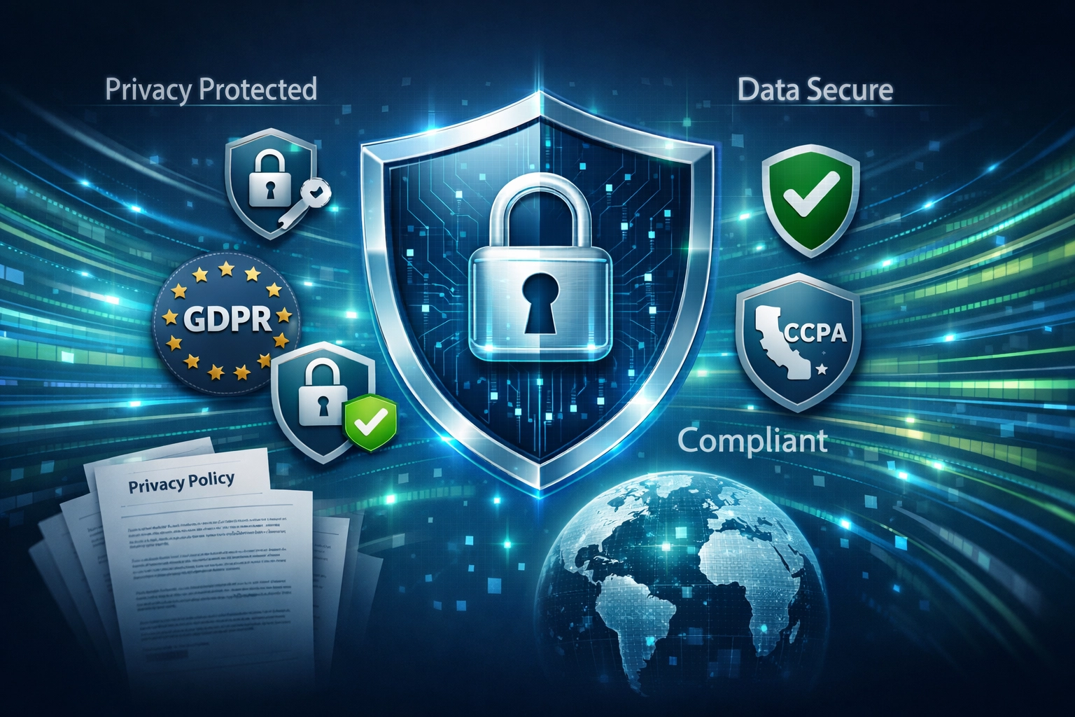 Data protection and privacy concept with digital shield and security icons