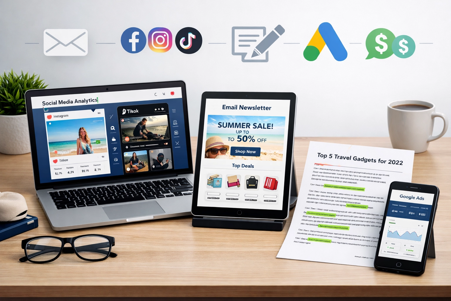 Canali di marketing di affiliazione multipli tra cui social media, email, creazione di contenuti e pubblicità a pagamento