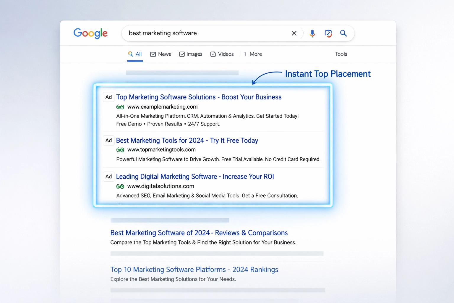 Google search results showing PPC ads at top with instant placement