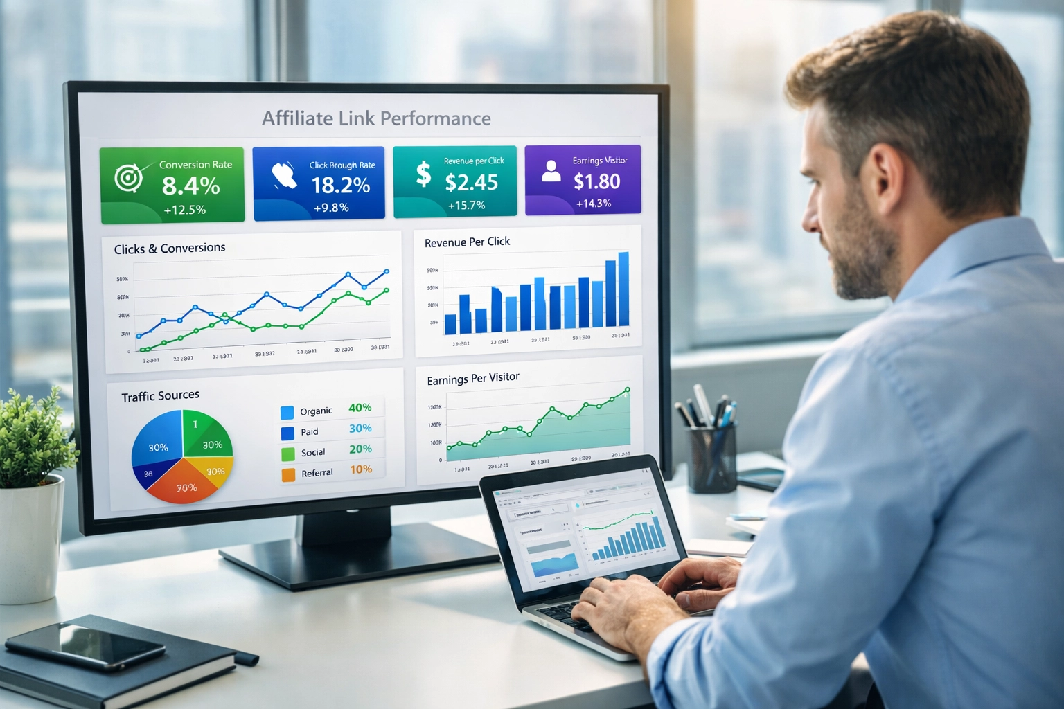 Professional analytics dashboard showing affiliate link performance metrics with conversion rates, click-through rates, and revenue data
