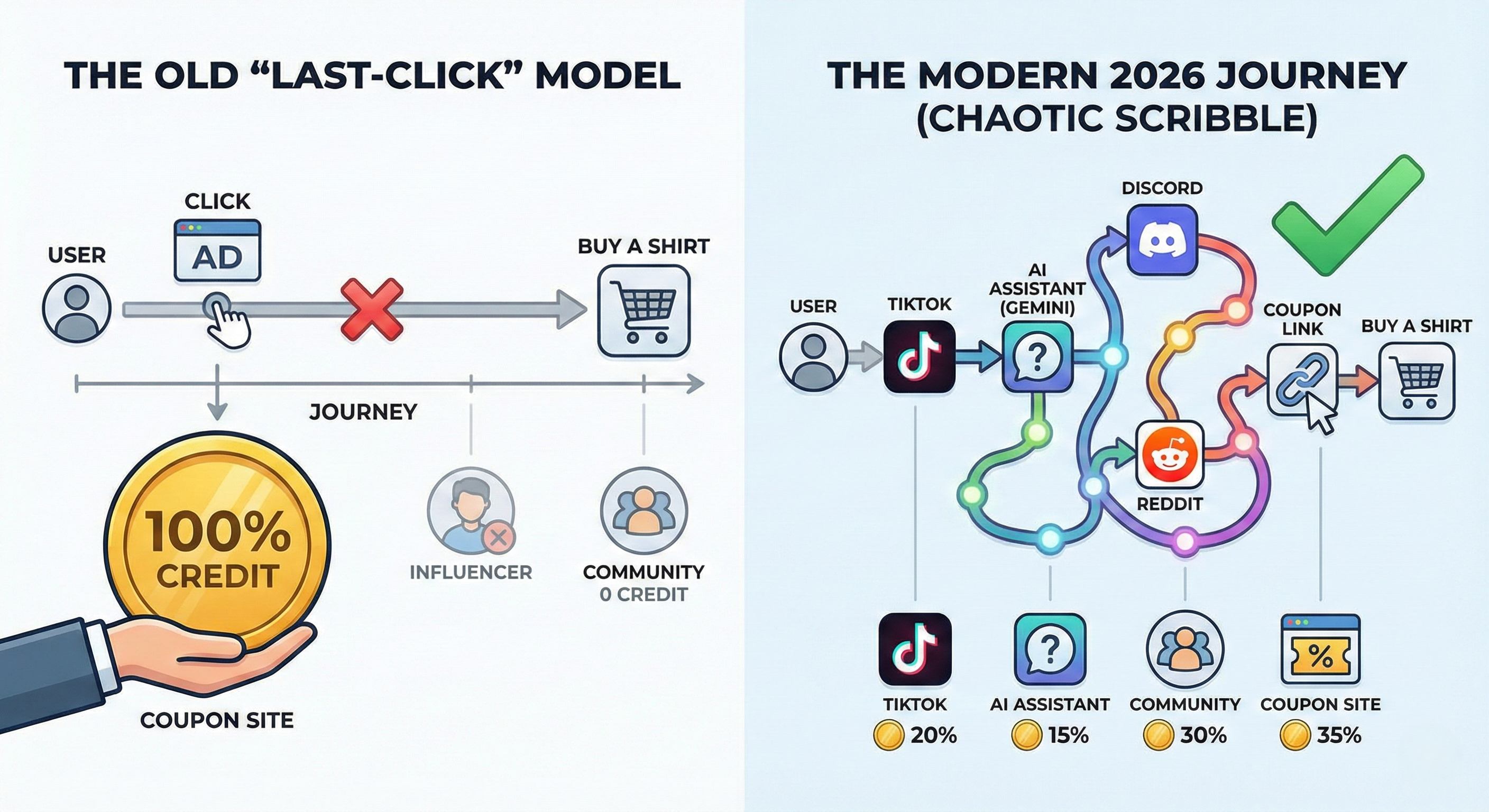 Percorso del cliente che mostra il modello di attribuzione last-click che dà il 100% del credito al link coupon finale ignorando il creator di TikTok, l'assistente AI e i contributi della comunità Discord