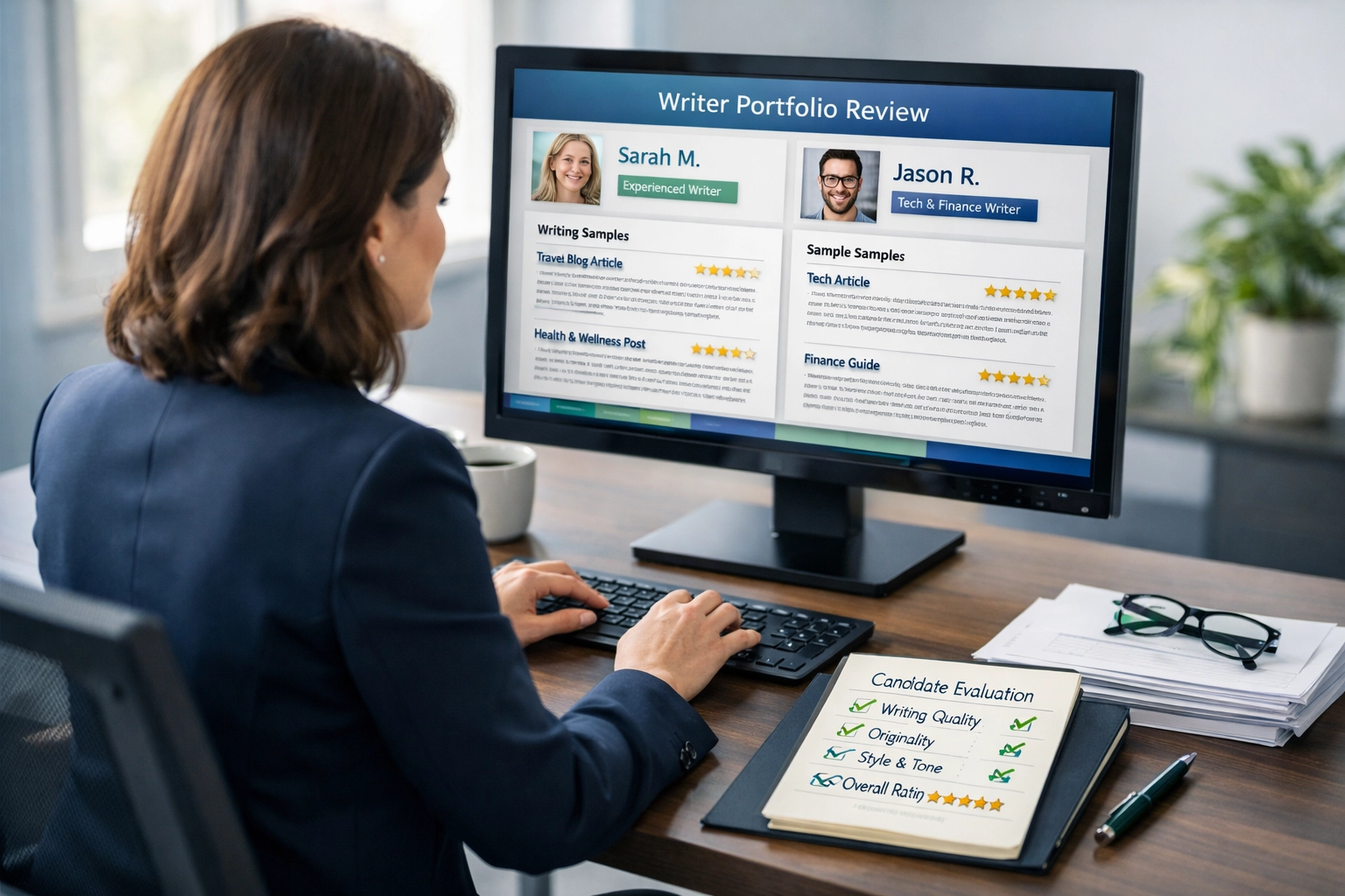 Professionista che valuta portfolio di scrittori freelance al computer