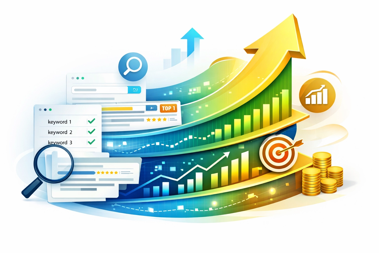Abstract visualization of business growth and success through keyword research with upward trending arrow and analytics icons