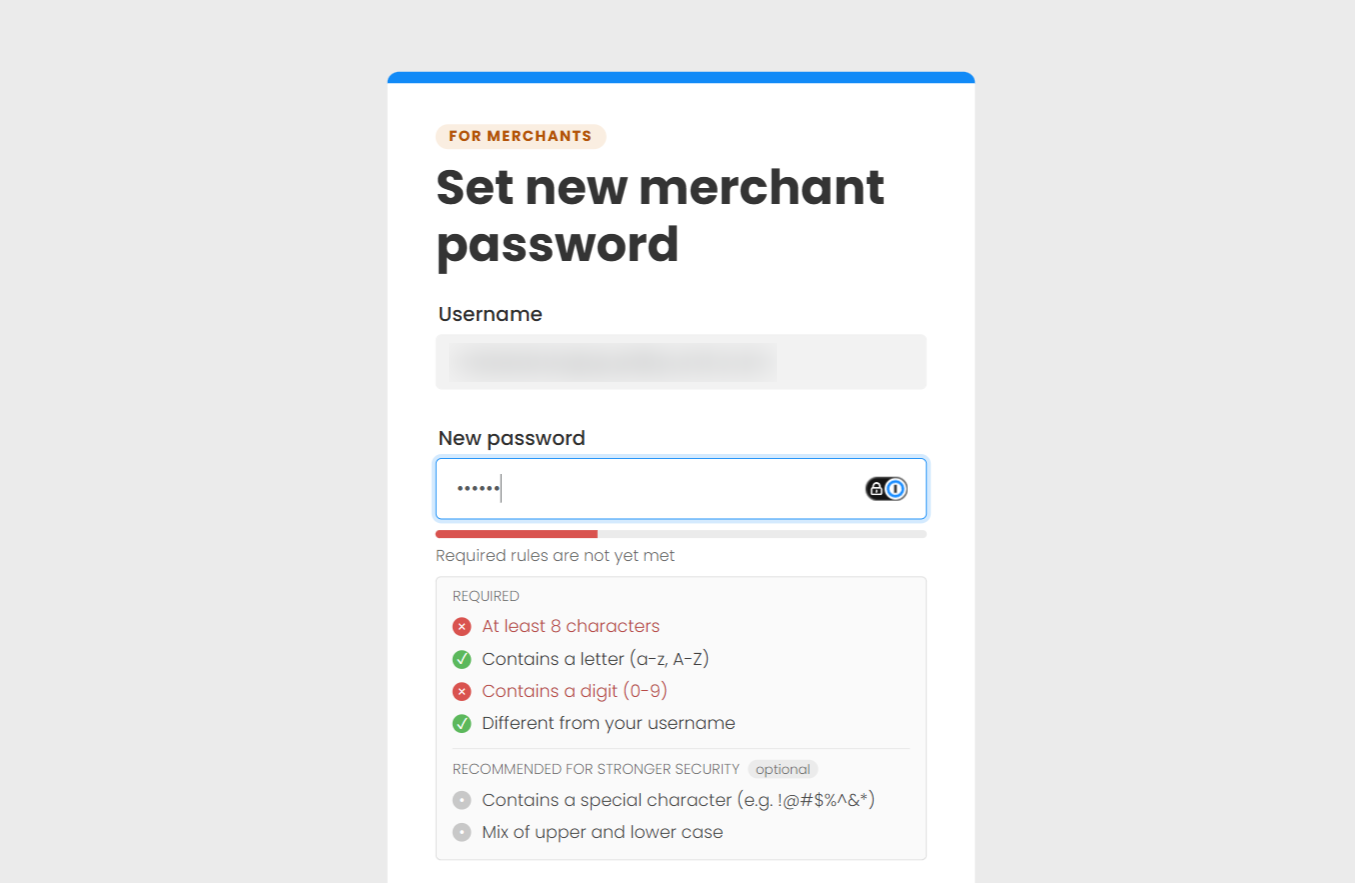 Elenco di controllo della policy password in tempo reale di Post Affiliate Pro nella schermata di impostazione password