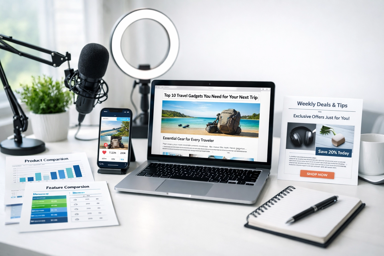 Professional digital marketing workspace with multiple content creation formats