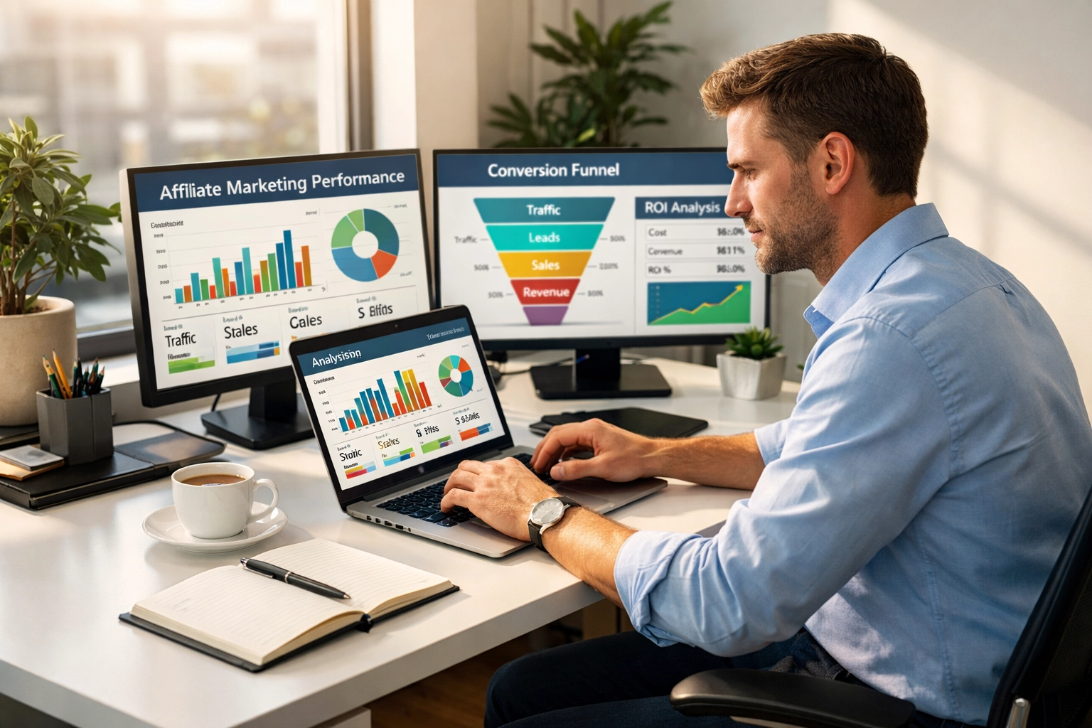 Professional affiliate marketing freelancer working at desk with analytics dashboard