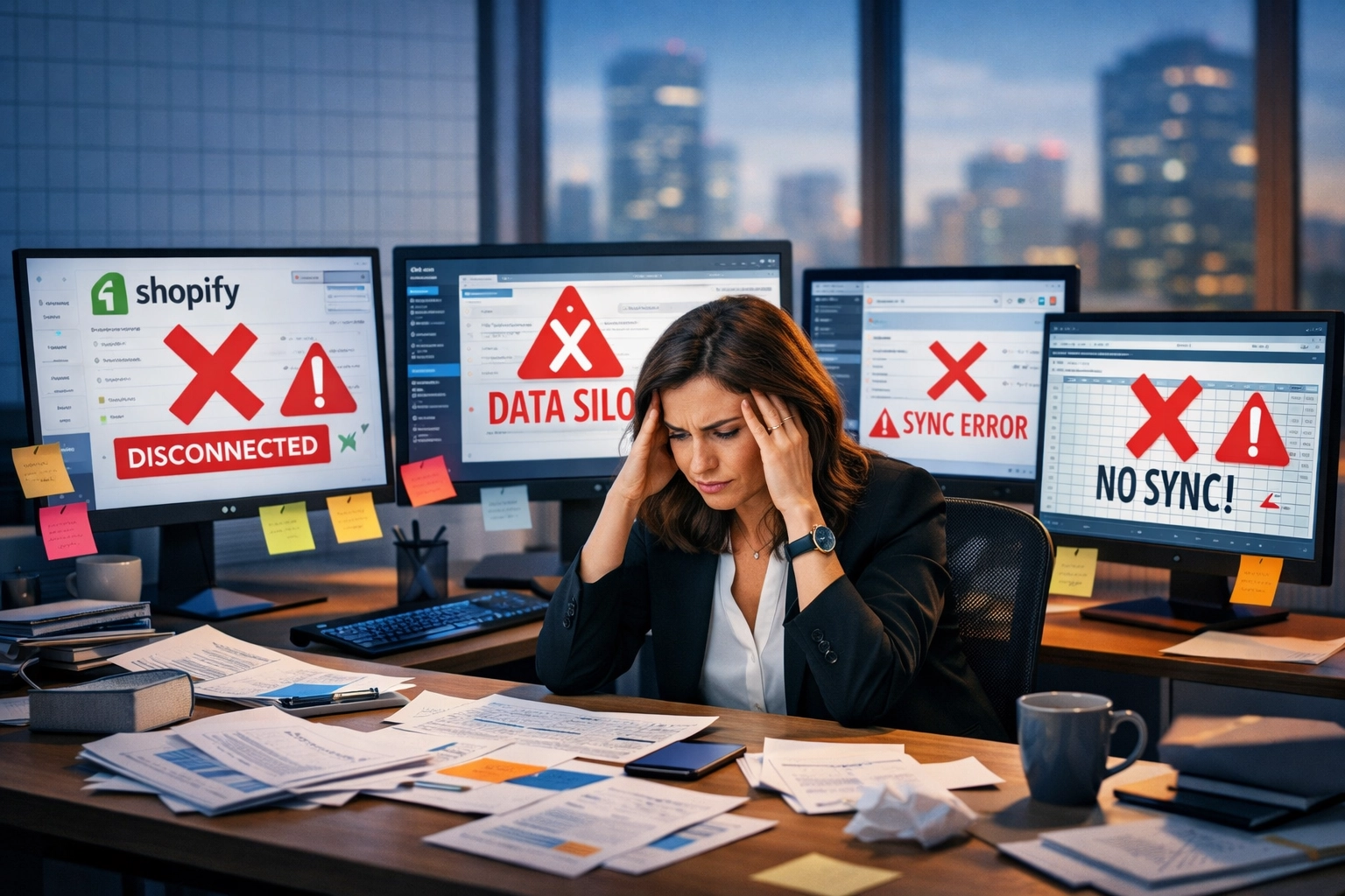 Persona d'affari frustrata che gestisce più sistemi e piattaforme scollegate