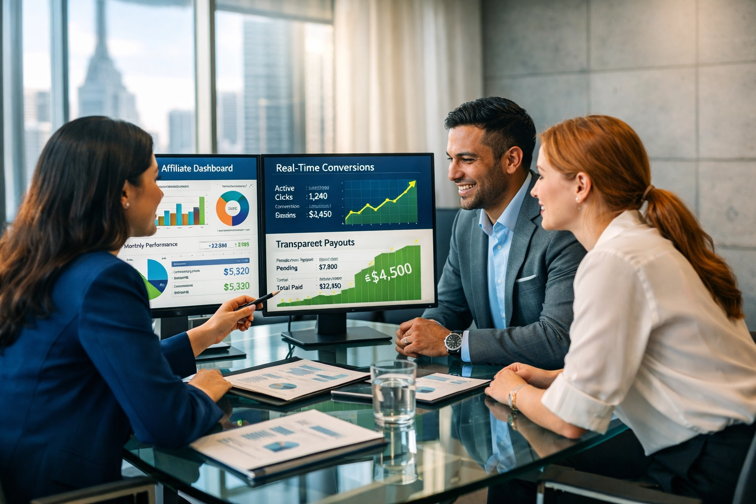 Professional team reviewing transparent affiliate program dashboards and financial metrics