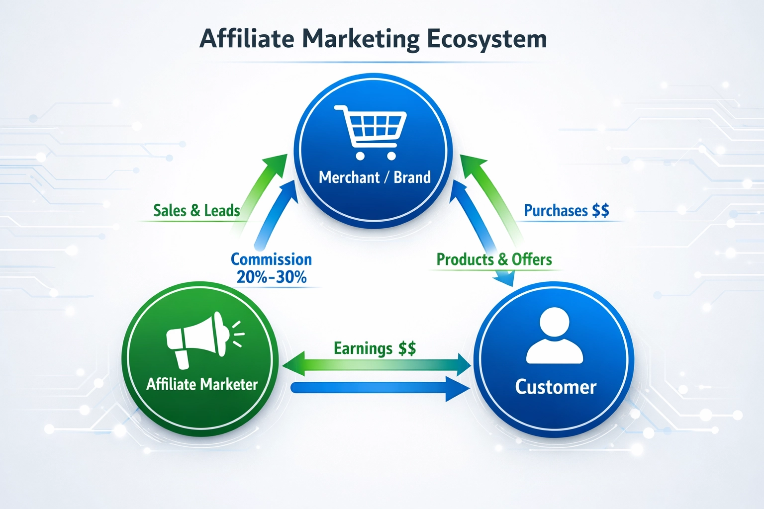 Affiliate marketing ecosystem showing merchant, affiliate, and customer connections with commission flow