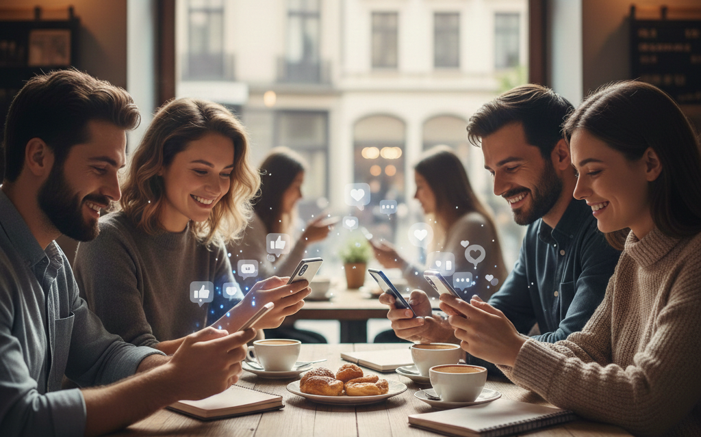Gruppo di persone diverse sedute a un tavolo che esaminano analisi dei social media e metriche di coinvolgimento sui loro dispositivi mobili