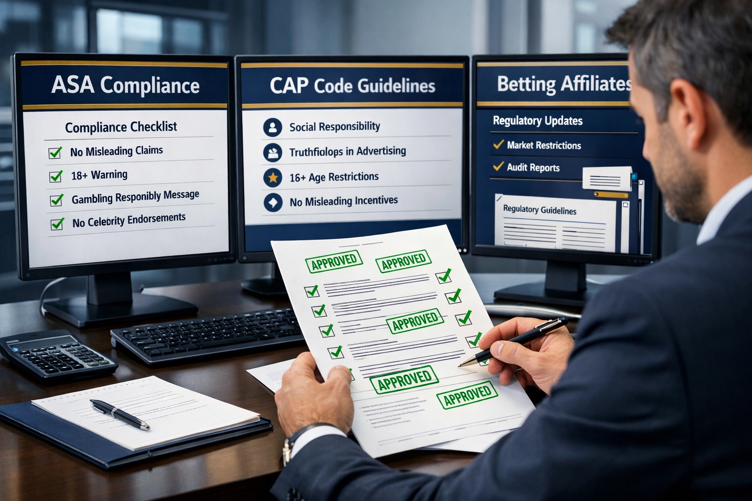 Professional compliance dashboard for betting affiliate marketing with ASA and CAP Code guidelines