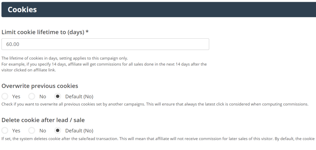 Impostazione durata cookie in Post Affiliate Pro