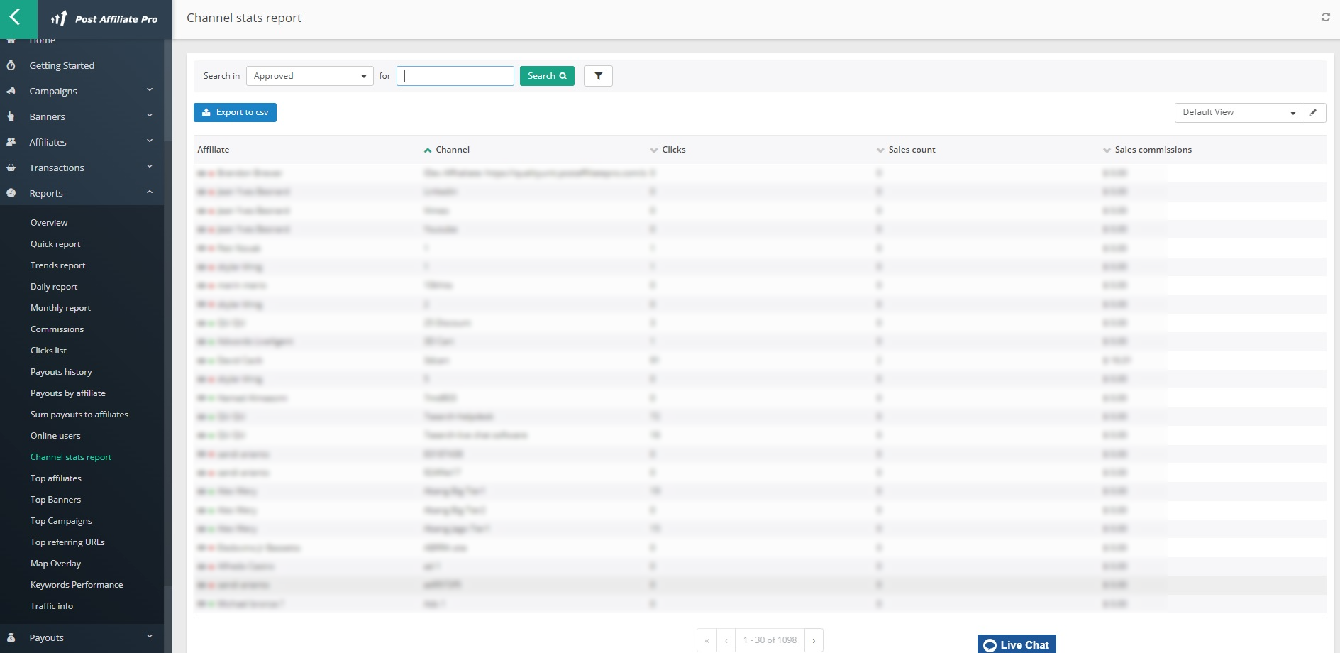 Post Affiliate Pro - report statistiche canali