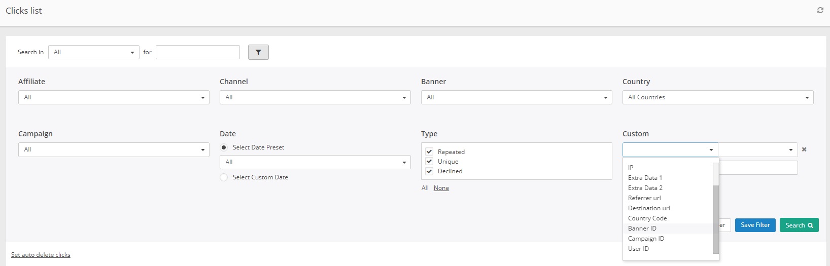 Post Affiliate Pro - filtri personalizzati lista click