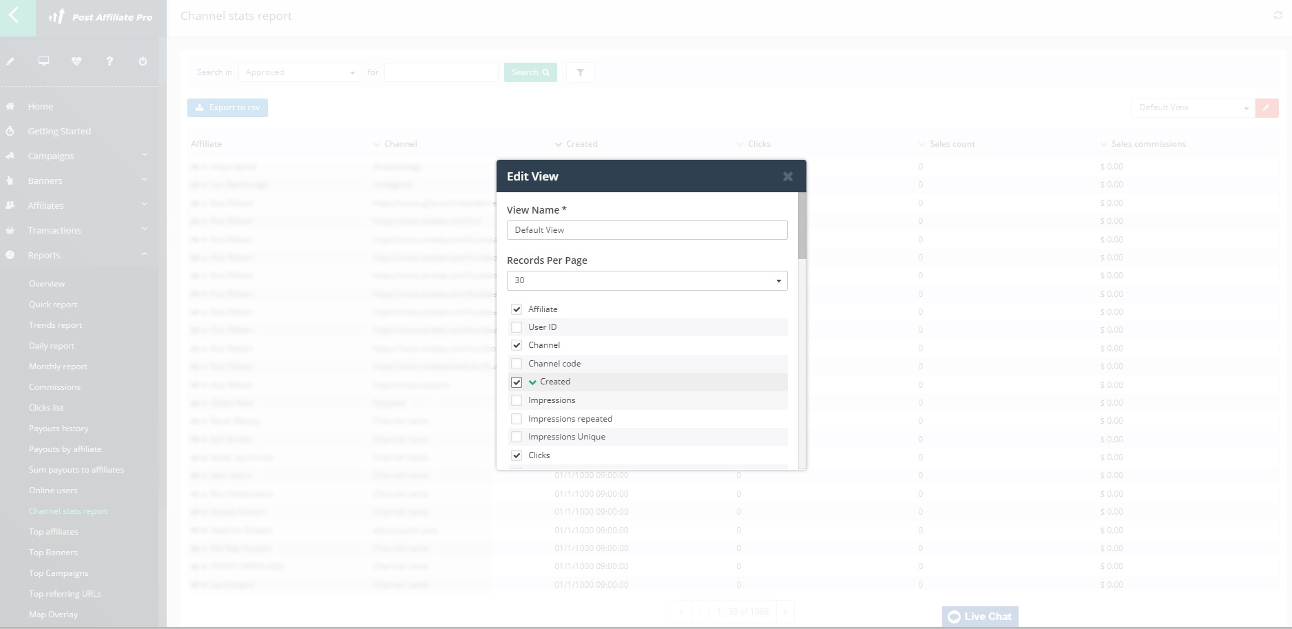Post Affiliate Pro - mostra colonna data creazione