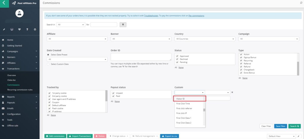 Post Affiliate Pro - filtro Visitor ID nell'elenco delle commissioni