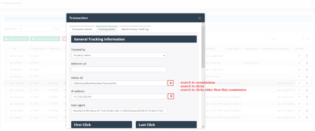 Post Affiliate Pro - nuovo pulsante di ricerca nei dettagli transazione