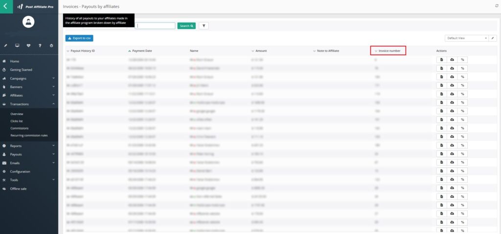 Post Affiliate Pro - ricerca fattura tramite numero